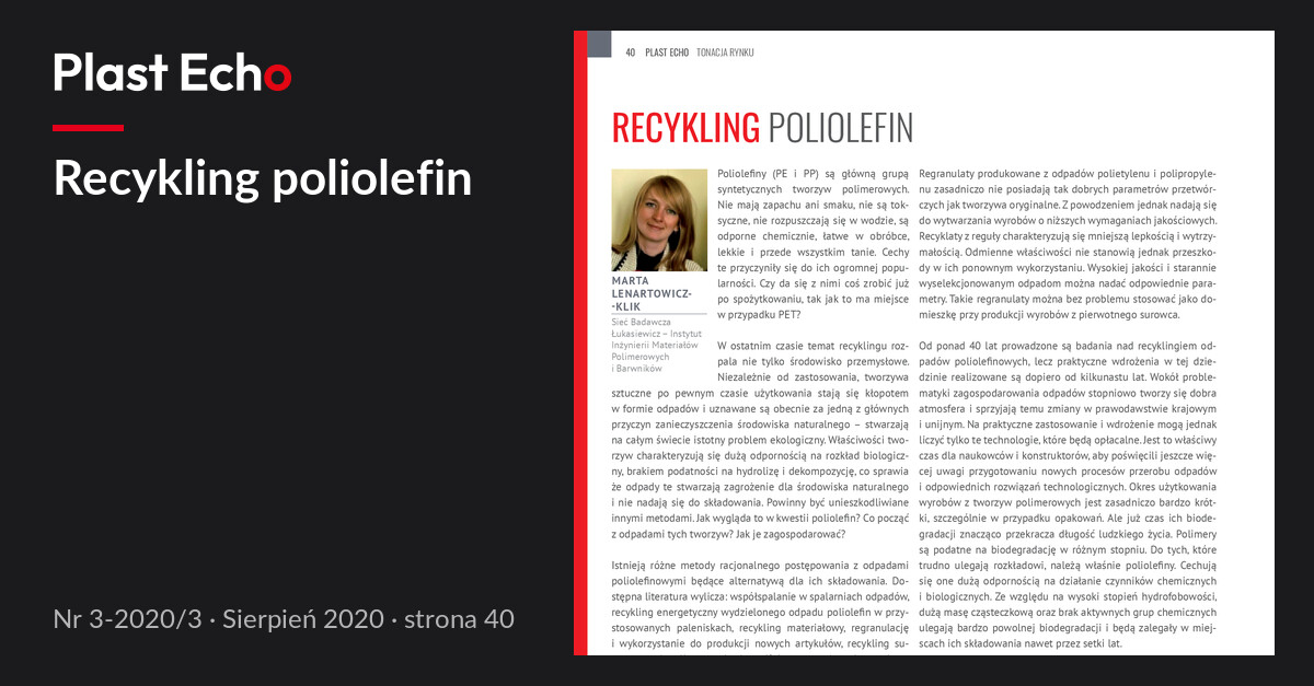 Recykling poliolefin | Plast Echo 3-2020/3, Sierpień 2020, s. 40