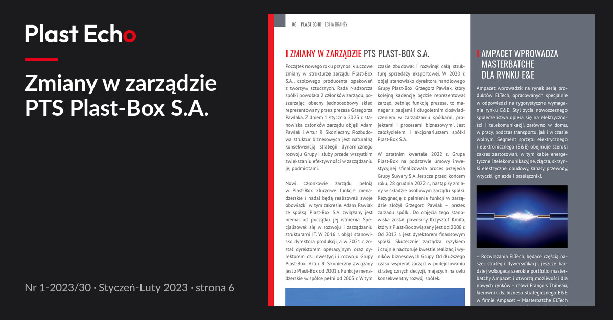 Zmiany w zarządzie PTS Plast-Box S.A. | Plast Echo 1-2023/30, Styczeń-Luty 2023, s. 6