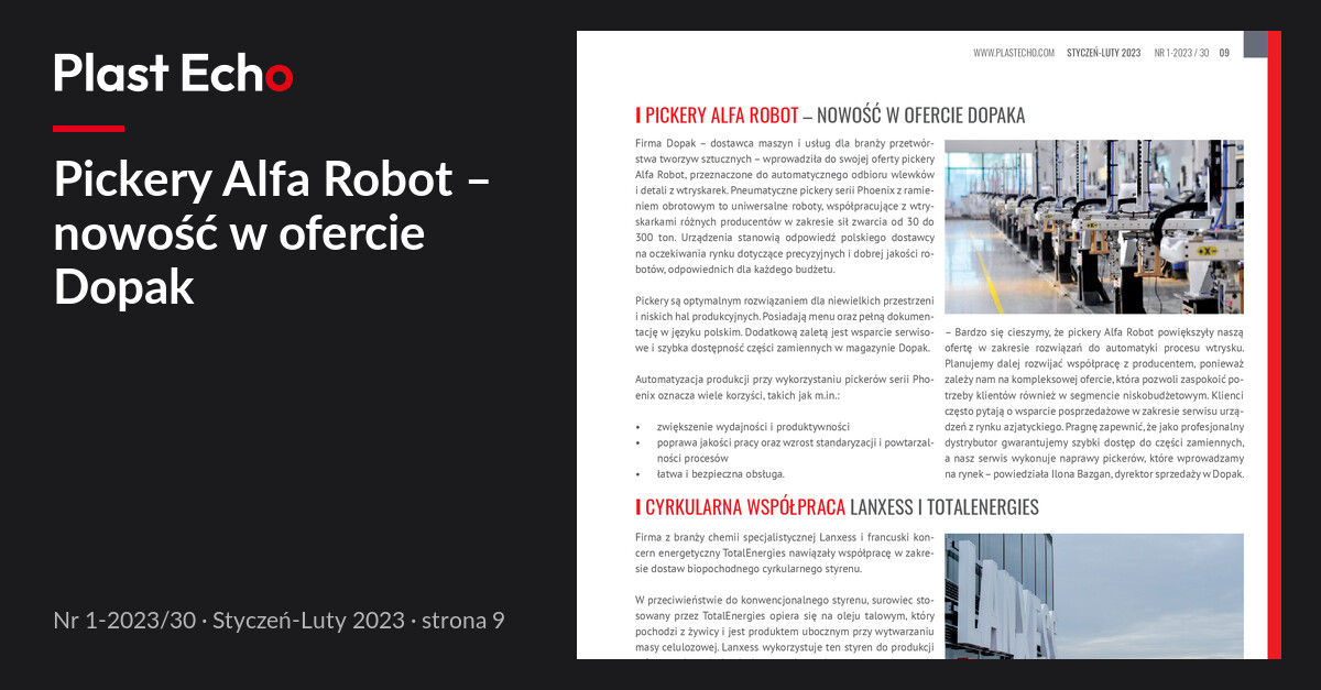 Pickery Alfa Robot – nowość w ofercie Dopak | Plast Echo 1-2023/30, Styczeń-Luty 2023, s. 9