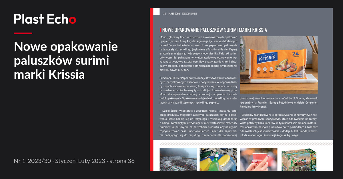 Nowe opakowanie paluszków surimi marki Krissia | Plast Echo 1-2023/30, Styczeń-Luty 2023, s. 36