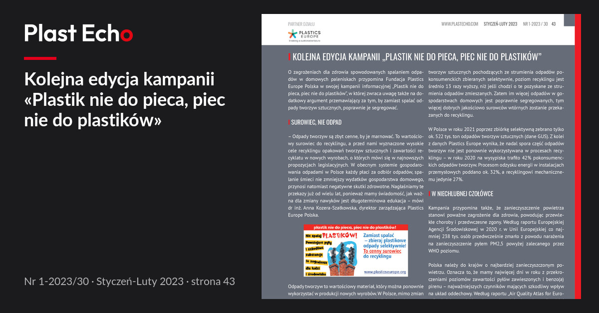 Kolejna edycja kampanii «Plastik nie do pieca, piec nie do plastików» | Plast Echo 1-2023/30, Styczeń-Luty 2023, s. 43