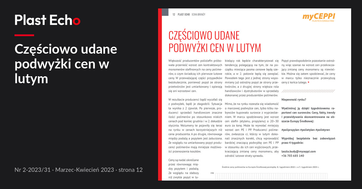 Częściowo udane podwyżki cen w lutym | Plast Echo 2-2023/31, Marzec-Kwiecień 2023, s. 12