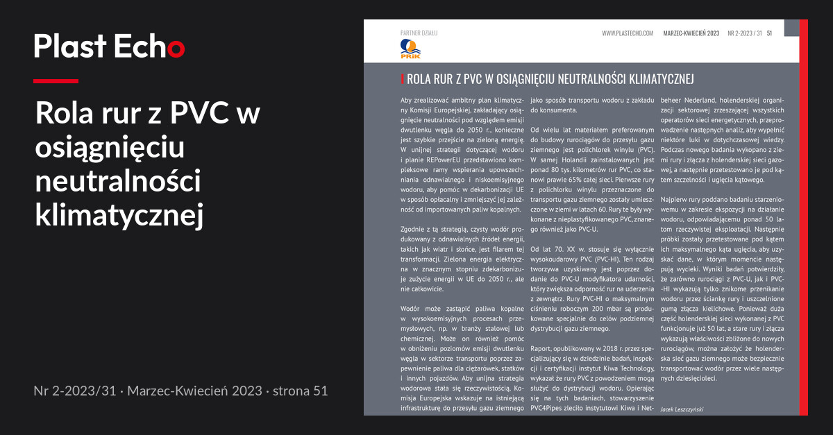 Rola rur z PVC w osiągnięciu neutralności klimatycznej | Plast Echo 2-2023/31, Marzec-Kwiecień 2023, s. 51
