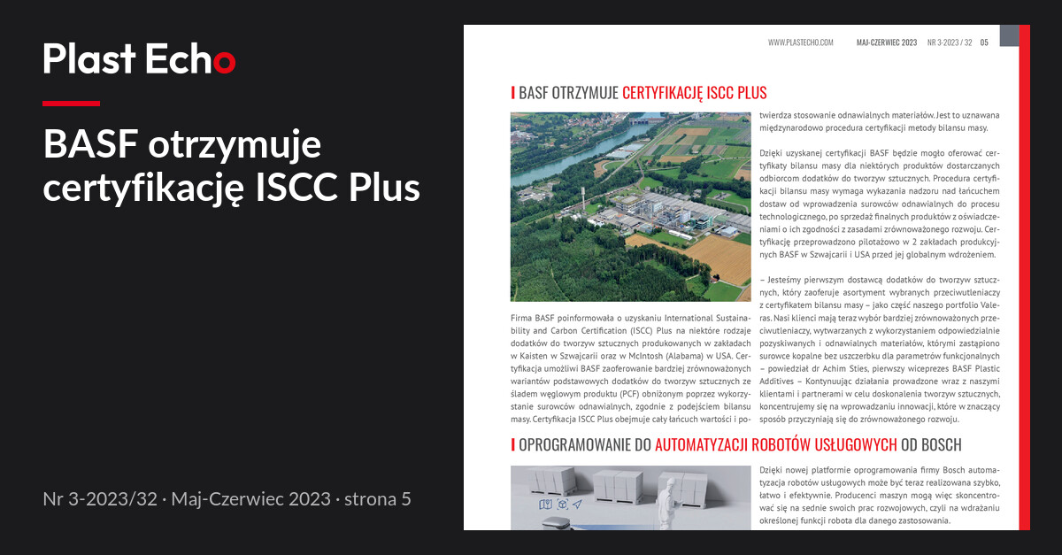 BASF otrzymuje certyfikację ISCC Plus | Plast Echo 3-2023/32, Maj-Czerwiec 2023, s. 5