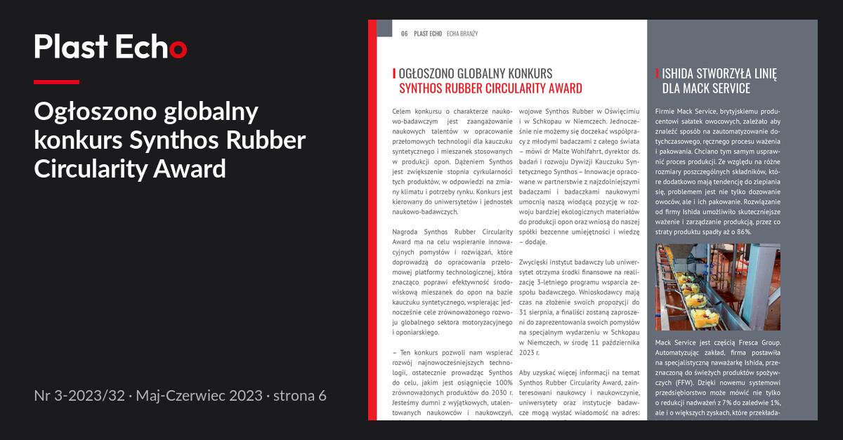 Ogłoszono globalny konkurs Synthos Rubber Circularity Award | Plast Echo 3-2023/32, Maj-Czerwiec 2023, s. 6