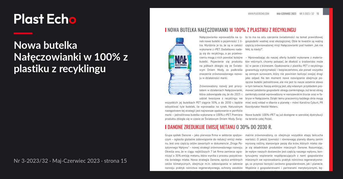 Nowa butelka Nałęczowianki w 100% z plastiku z recyklingu | Plast Echo 3-2023/32, Maj-Czerwiec 2023, s. 15