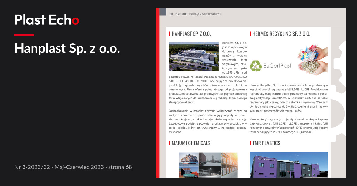 Hanplast Sp. z o.o. | Plast Echo 3-2023/32, Maj-Czerwiec 2023, s. 68