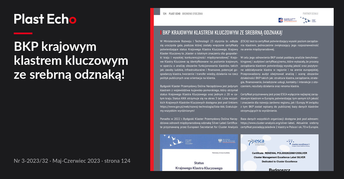 BKP krajowym klastrem kluczowym ze srebrną odznaką! | Plast Echo 3-2023/32, Maj-Czerwiec 2023, s. 124