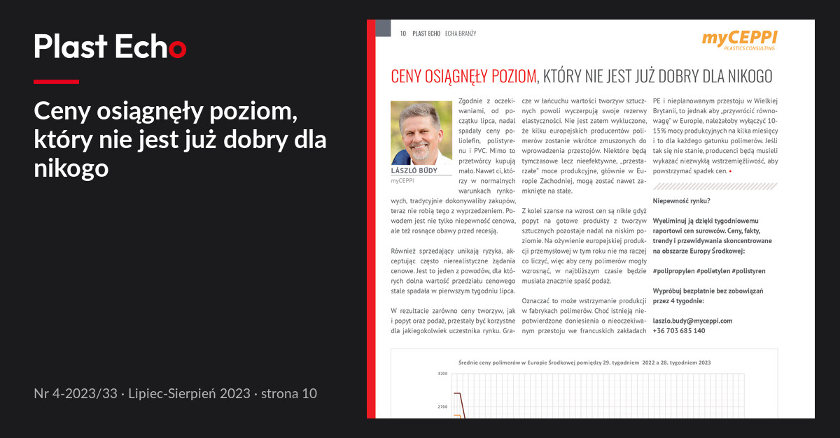 Ceny osiągnęły poziom, który nie jest już dobry dla nikogo | Plast Echo 4-2023/33, Lipiec-Sierpień 2023, s. 10