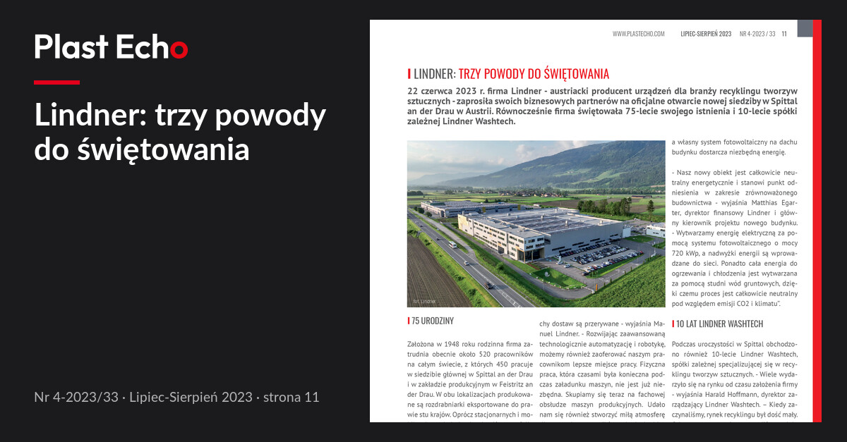 Lindner: trzy powody do świętowania | Plast Echo 4-2023/33, Lipiec-Sierpień 2023, s. 11
