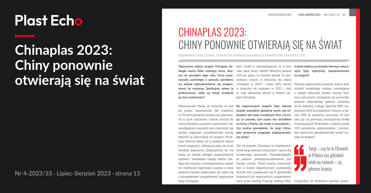 Chinaplas 2023: Chiny ponownie otwierają się na świat | Plast Echo 4-2023/33, Lipiec-Sierpień 2023, s. 13