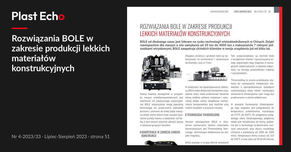 Rozwiązania BOLE w zakresie produkcji lekkich materiałów konstrukcyjnych | Plast Echo 4-2023/33, Lipiec-Sierpień 2023, s. 51