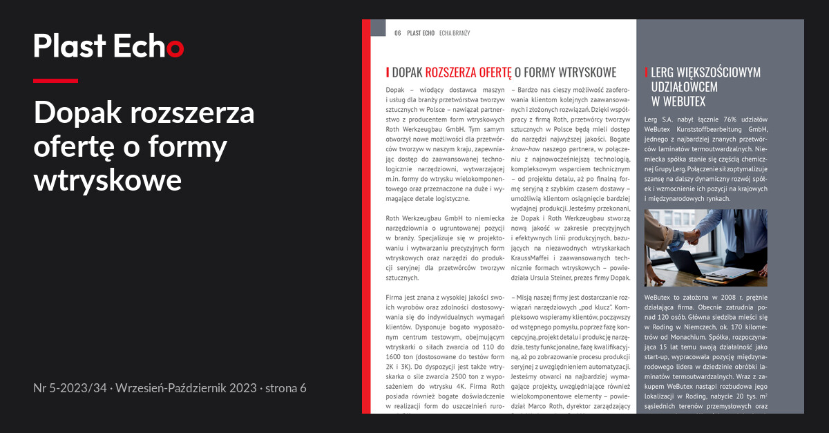 Dopak rozszerza ofertę o formy wtryskowe | Plast Echo 5-2023/34, Wrzesień-Październik 2023, s. 6