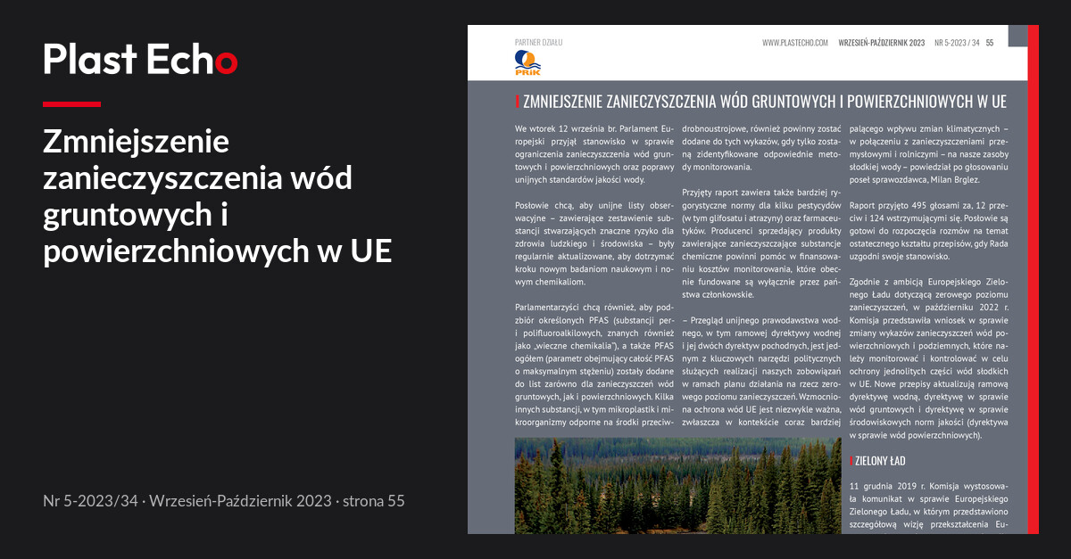 Zmniejszenie zanieczyszczenia wód gruntowych i powierzchniowych w UE | Plast Echo 5-2023/34, Wrzesień-Październik 2023, s. 55