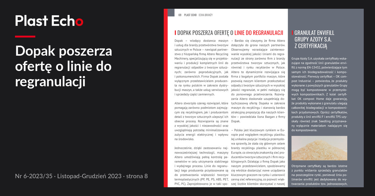 Dopak poszerza ofertę o linie do regranulacji | Plast Echo 6-2023/35, Listopad-Grudzień 2023, s. 8