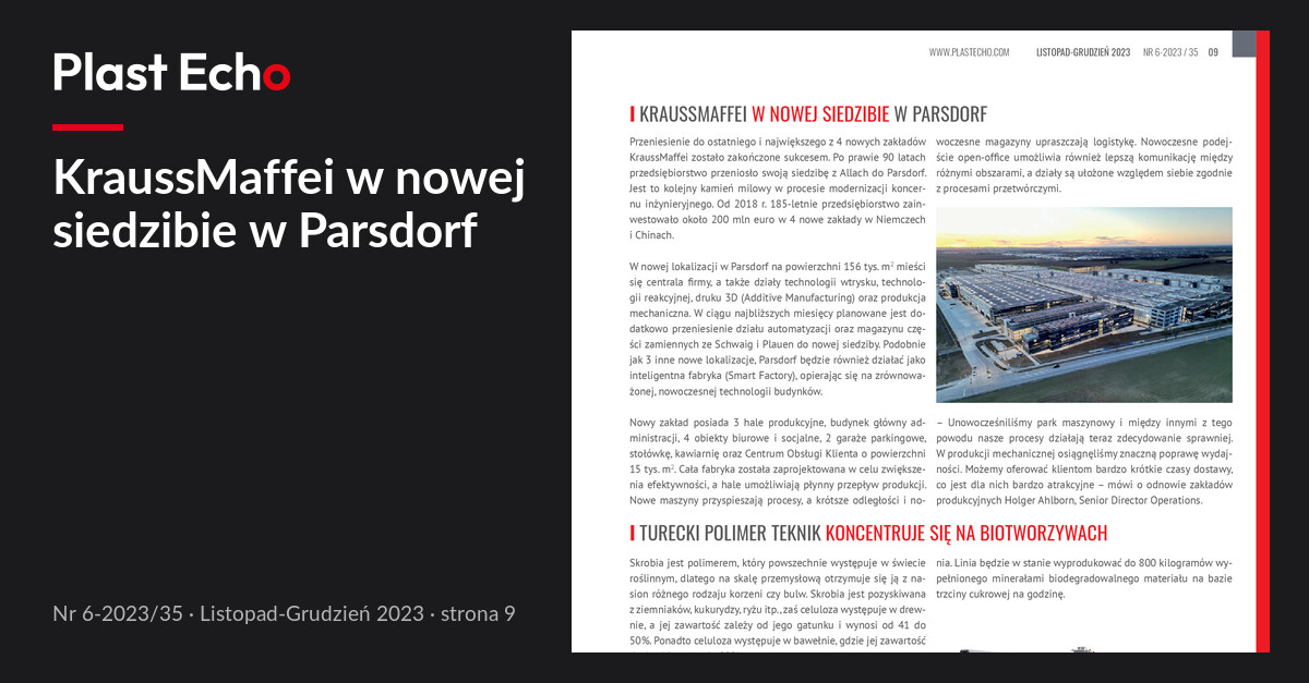 KraussMaffei w nowej siedzibie w Parsdorf | Plast Echo 6-2023/35, Listopad-Grudzień 2023, s. 9