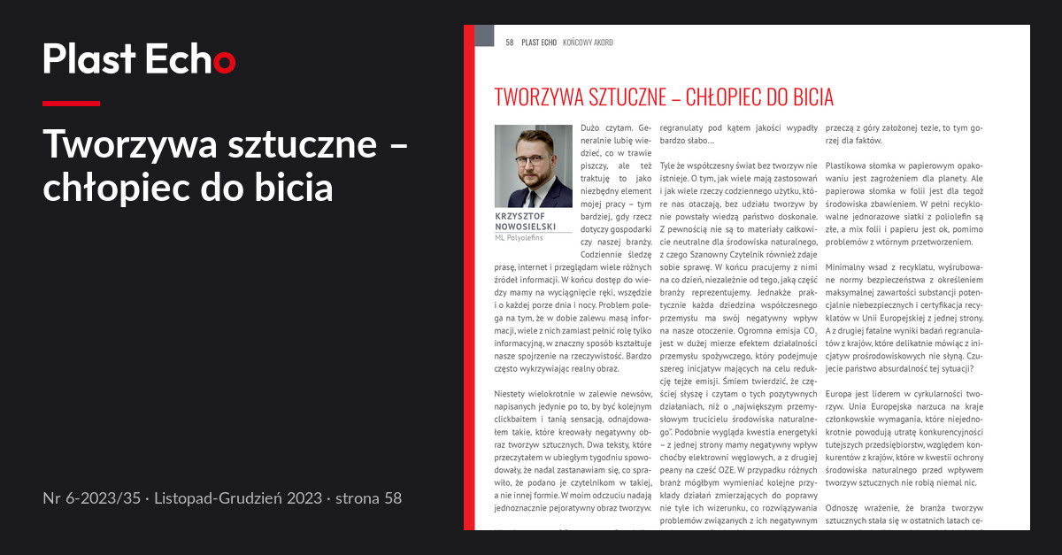 Tworzywa sztuczne – chłopiec do bicia | Plast Echo 6-2023/35, Listopad-Grudzień 2023, s. 58