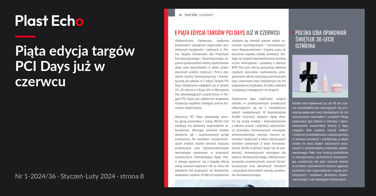 Piąta edycja targów PCI Days już w czerwcu | Plast Echo 1-2024/36, Styczeń-Luty 2024, s. 8