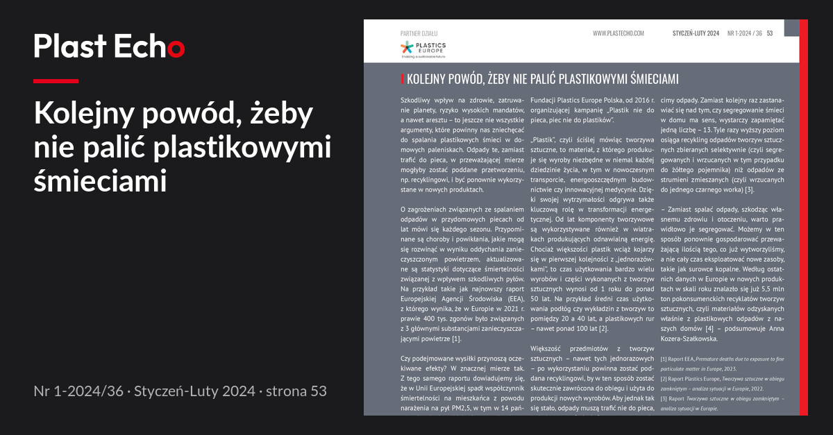 Kolejny powód, żeby nie palić plastikowymi śmieciami | Plast Echo 1-2024/36, Styczeń-Luty 2024, s. 53