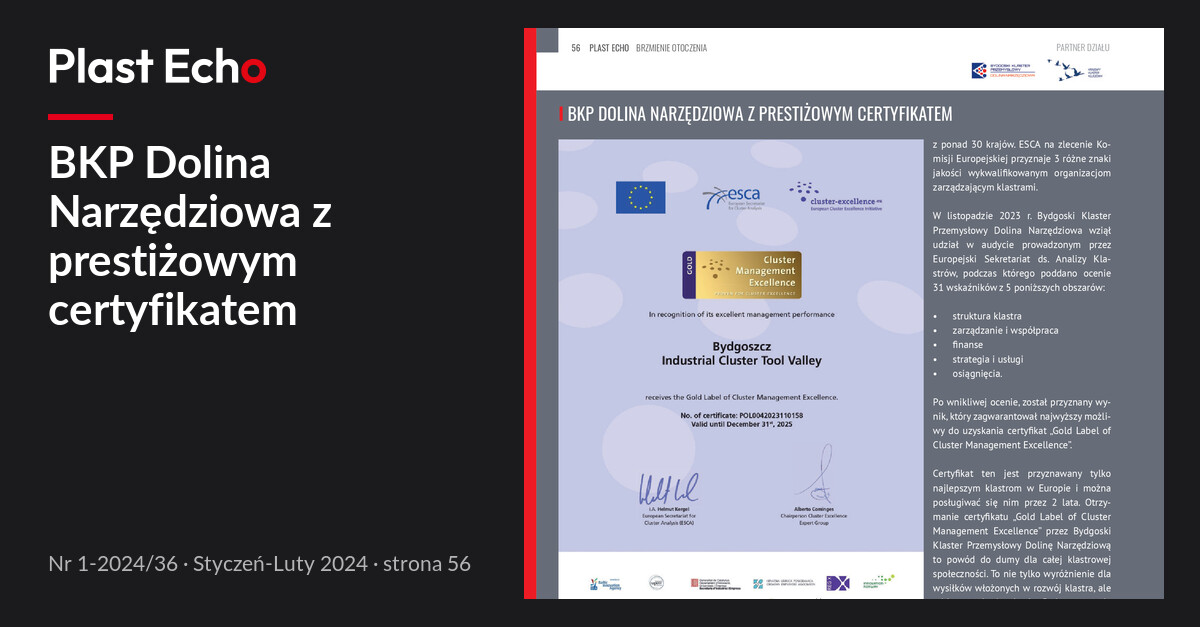 BKP Dolina Narzędziowa z prestiżowym certyfikatem | Plast Echo 1-2024/36, Styczeń-Luty 2024, s. 56