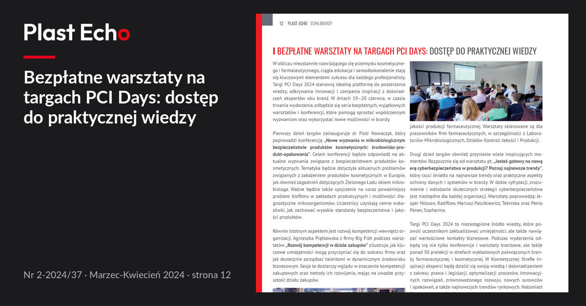 Bezpłatne warsztaty na targach PCI Days: dostęp do praktycznej wiedzy | Plast Echo 2-2024/37, Marzec-Kwiecień 2024, s. 12