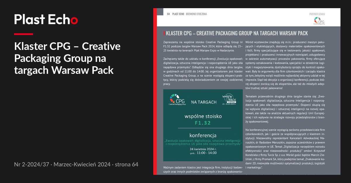 Klaster CPG – Creative Packaging Group na targach Warsaw Pack | Plast Echo 2-2024/37, Marzec-Kwiecień 2024, s. 64