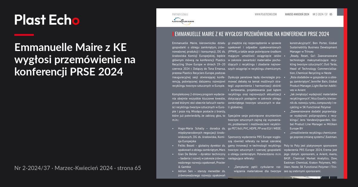 Emmanuelle Maire z KE wygłosi przemówienie na konferencji PRSE 2024 | Plast Echo 2-2024/37, Marzec-Kwiecień 2024, s. 65