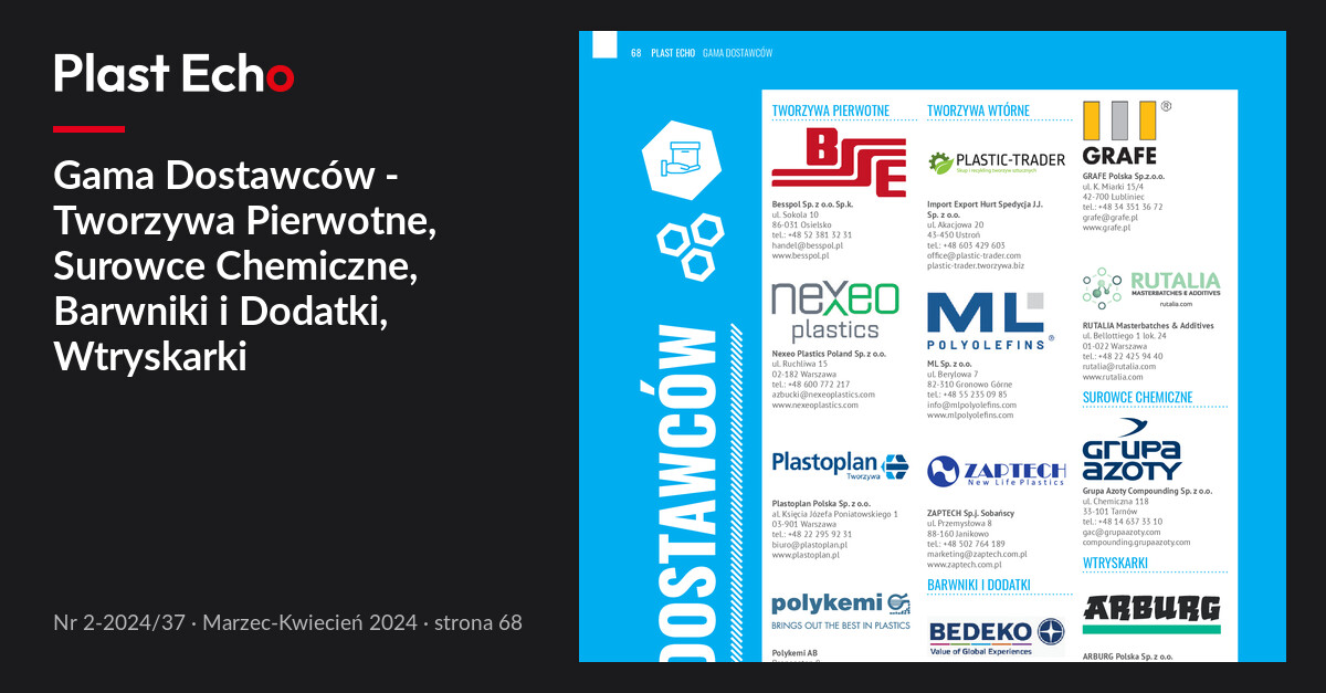 Gama Dostawców - Tworzywa Pierwotne, Surowce Chemiczne, Barwniki i Dodatki, Wtryskarki | Plast Echo 2-2024/37, Marzec-Kwiecień 2024, s. 68