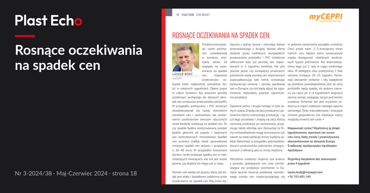 Rosnące oczekiwania na spadek cen | Plast Echo 3-2024/38, Maj-Czerwiec 2024, s. 18