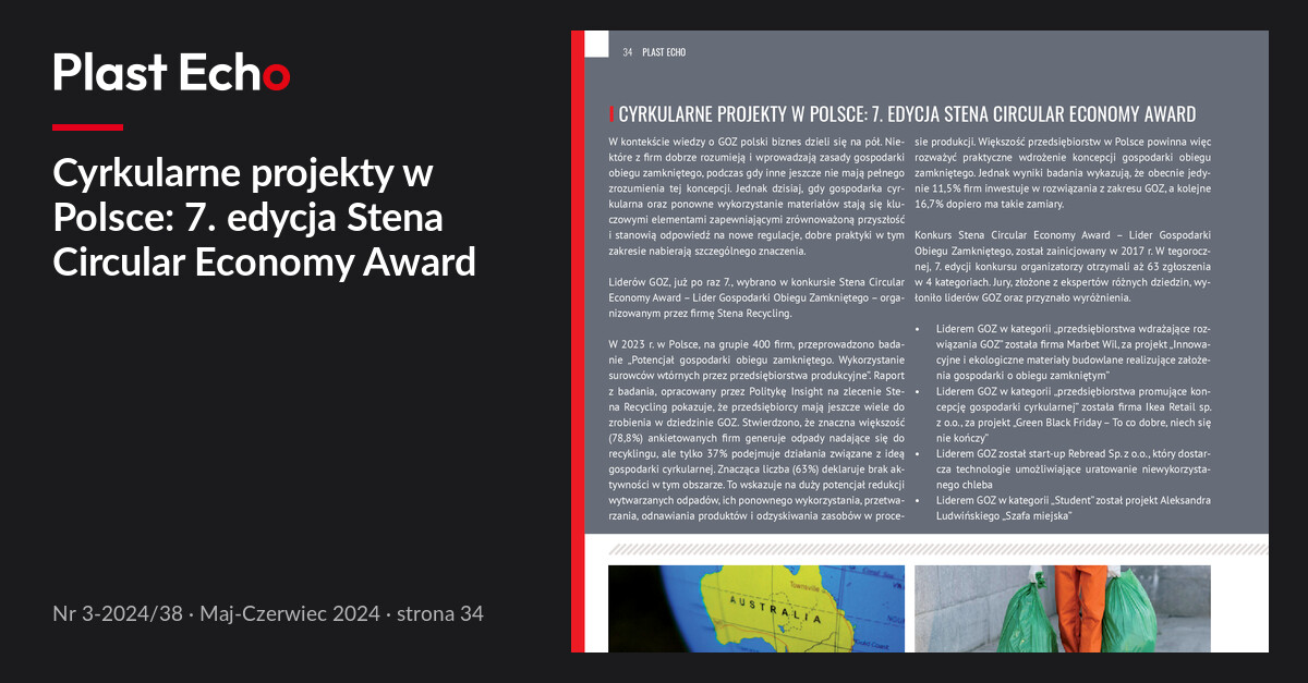 Cyrkularne projekty w Polsce: 7. edycja Stena Circular Economy Award | Plast Echo 3-2024/38, Maj-Czerwiec 2024, s. 34