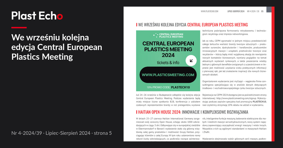 We wrześniu kolejna edycja Central European Plastics Meeting | Plast Echo 4-2024/39, Lipiec-Sierpień 2024, s. 5