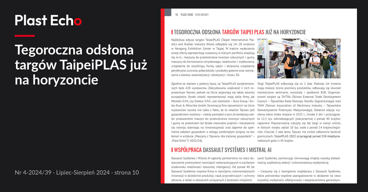 Tegoroczna odsłona targów TaipeiPLAS już na horyzoncie | Plast Echo 4-2024/39, Lipiec-Sierpień 2024, s. 10