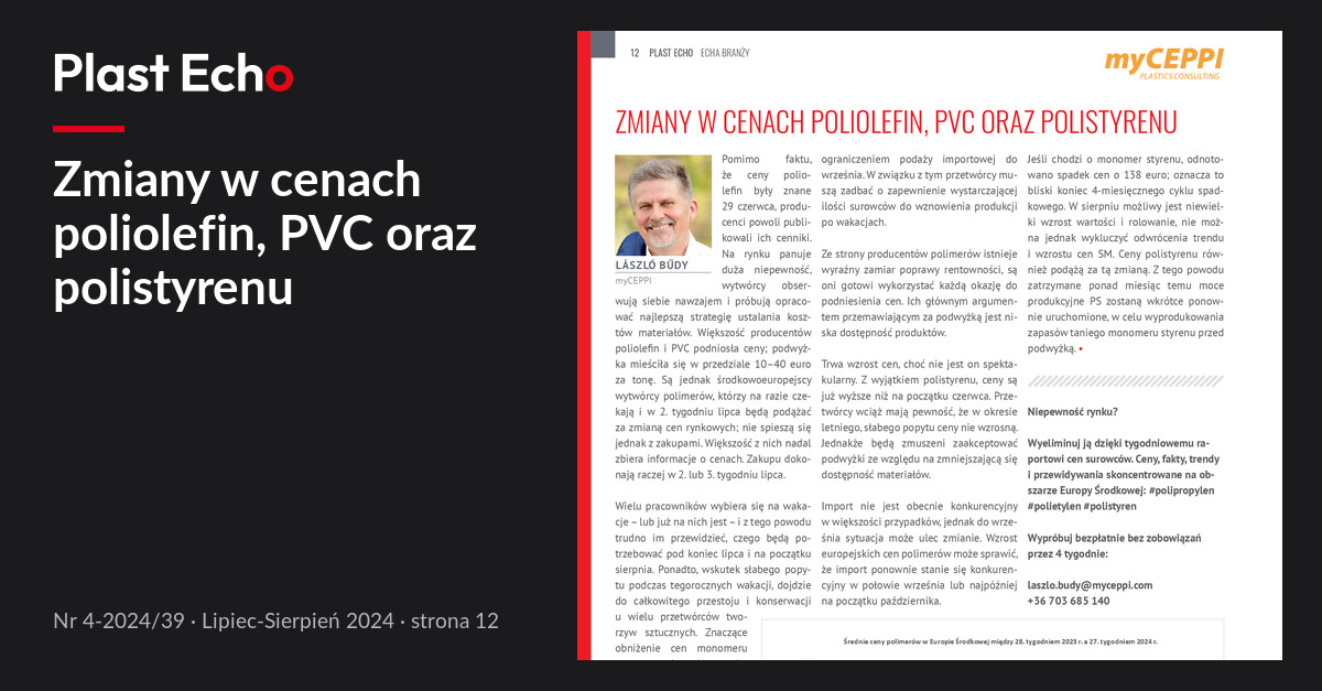 Zmiany w cenach poliolefin, PVC oraz polistyrenu | Plast Echo 4-2024/39, Lipiec-Sierpień 2024, s. 12