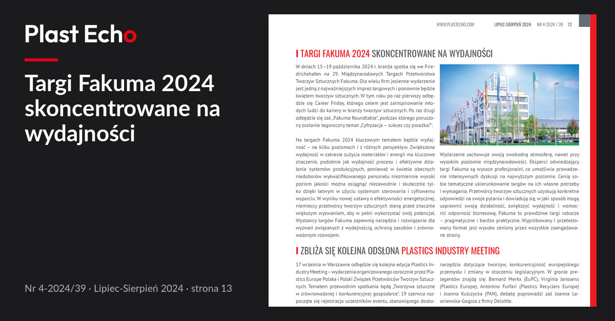 Targi Fakuma 2024 skoncentrowane na wydajności | Plast Echo 4-2024/39, Lipiec-Sierpień 2024, s. 13