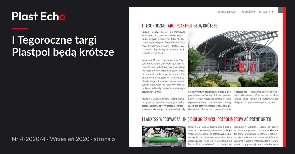 I Tegoroczne targi Plastpol będą krótsze | Plast Echo 4-2020/4, Wrzesień 2020, s. 5