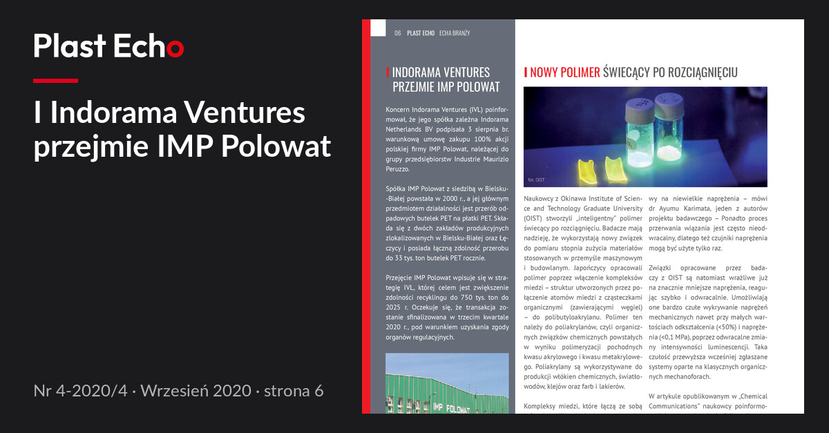 I Indorama Ventures przejmie IMP Polowat | Plast Echo 4-2020/4, Wrzesień 2020, s. 6
