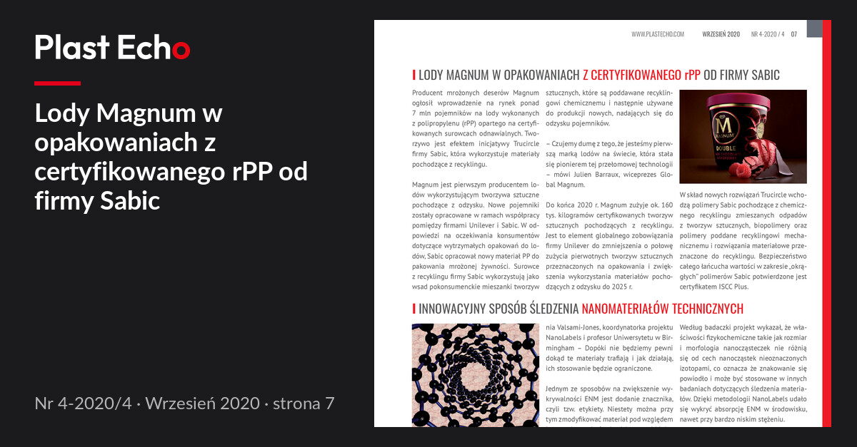 Lody Magnum w opakowaniach z certyfikowanego rPP od firmy Sabic | Plast Echo 4-2020/4, Wrzesień 2020, s. 7