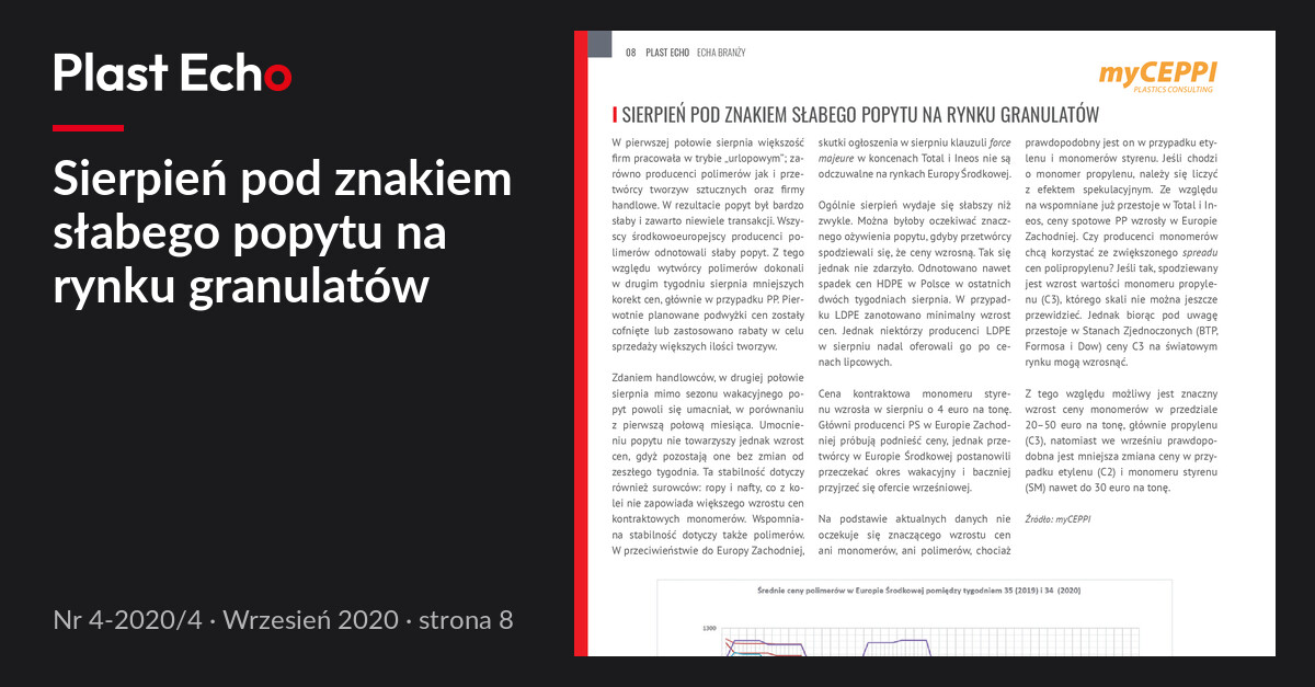 Sierpień pod znakiem słabego popytu na rynku granulatów | Plast Echo 4-2020/4, Wrzesień 2020, s. 8