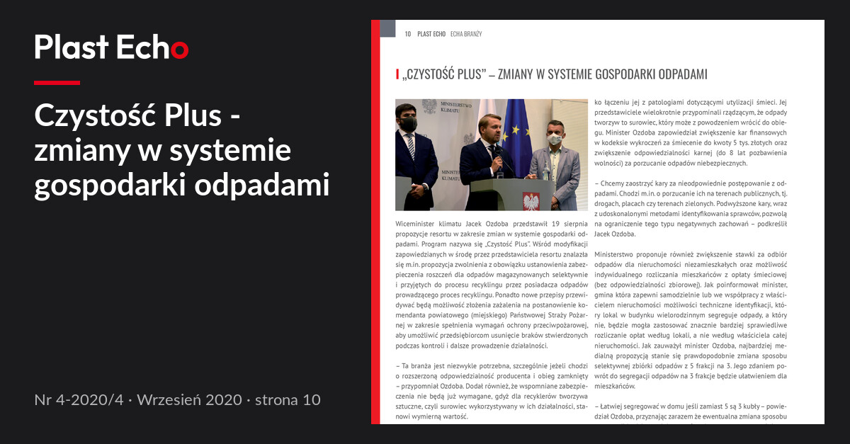 Czystość Plus - zmiany w systemie gospodarki odpadami | Plast Echo 4-2020/4, Wrzesień 2020, s. 10