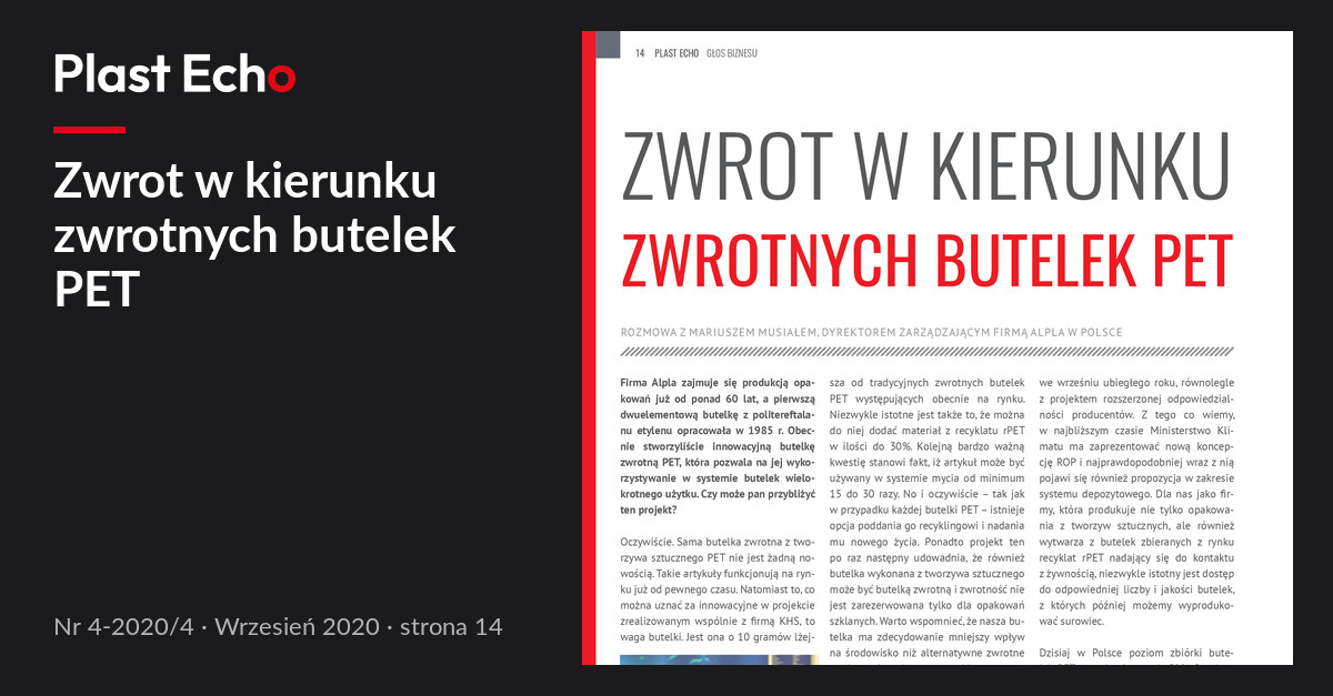 Zwrot w kierunku zwrotnych butelek PET | Plast Echo 4-2020/4, Wrzesień 2020, s. 14