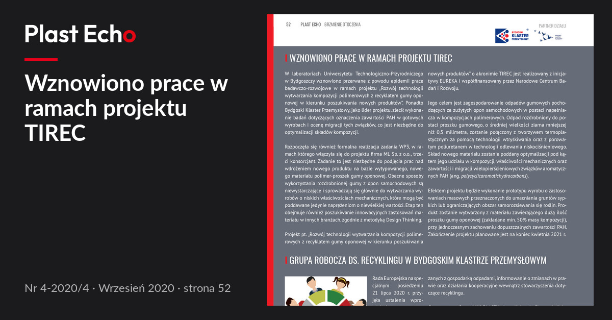 Wznowiono prace w ramach projektu TIREC | Plast Echo 4-2020/4, Wrzesień 2020, s. 52
