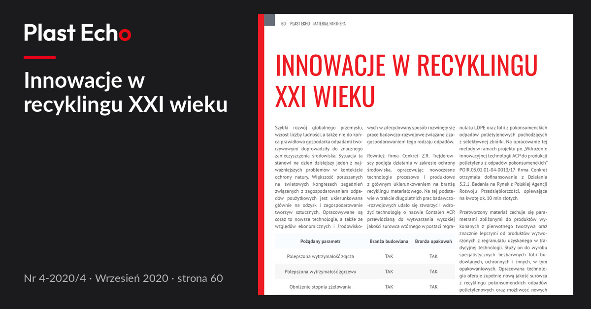 Innowacje w recyklingu XXI wieku | Plast Echo 4-2020/4, Wrzesień 2020, s. 60