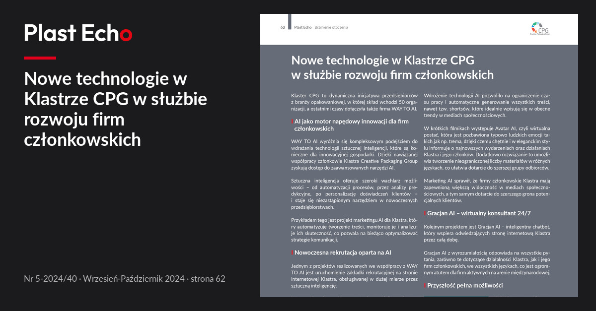 Nowe technologie w Klastrze CPG w służbie rozwoju firm członkowskich | Plast Echo 5-2024/40, Wrzesień-Październik 2024, s. 62