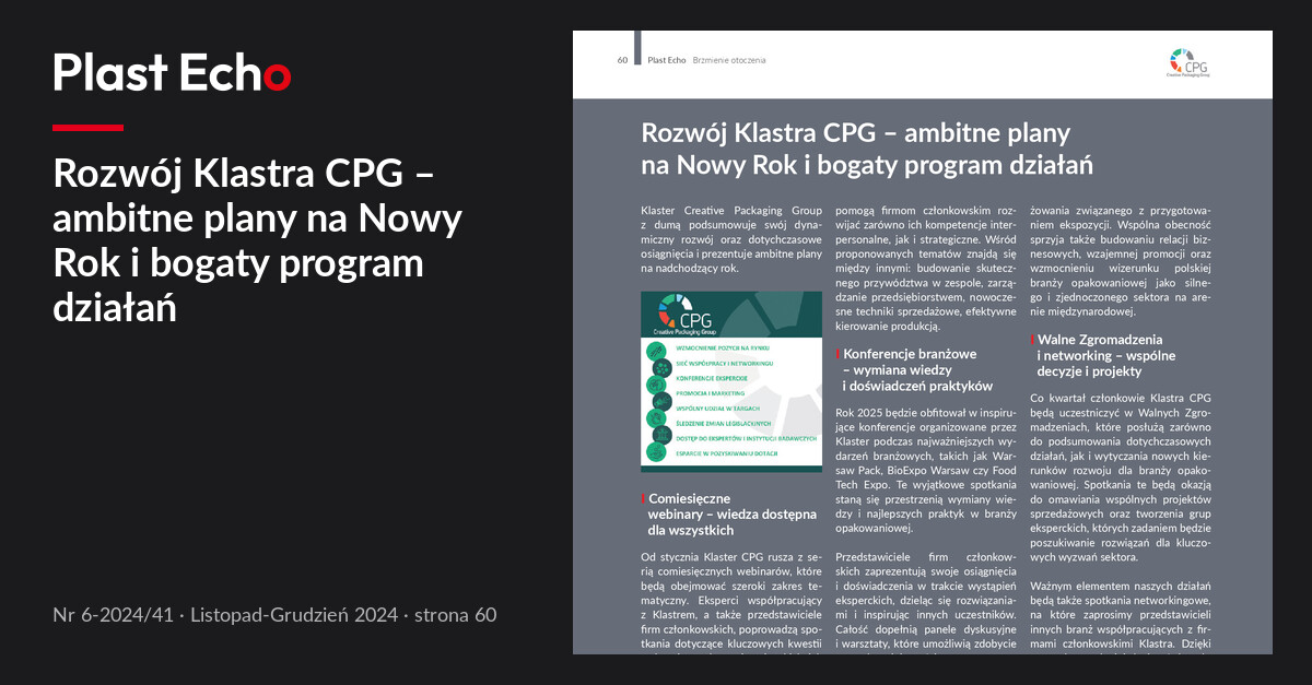 Rozwój Klastra CPG – ambitne plany na Nowy Rok i bogaty program działań | Plast Echo 6-2024/41, Listopad-Grudzień 2024, s. 60