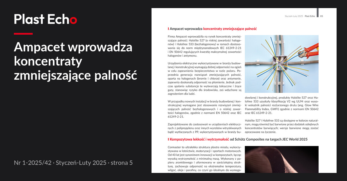 Ampacet wprowadza koncentraty zmniejszające palność | Plast Echo 1-2025/42, Styczeń-Luty 2025, s. 5