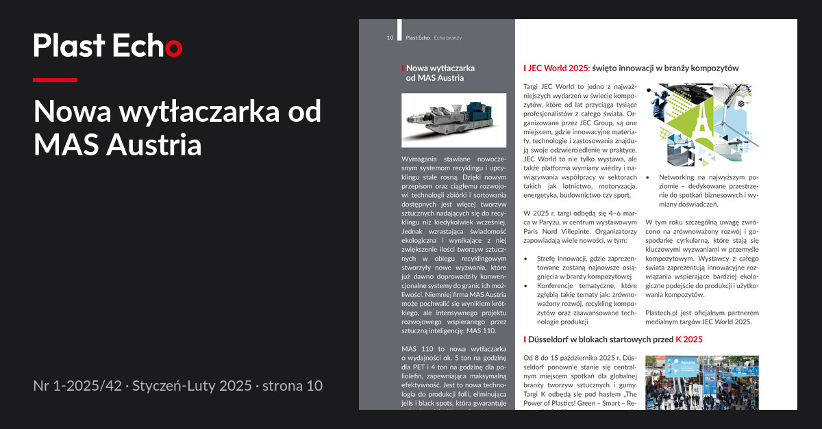 Nowa wytłaczarka od MAS Austria | Plast Echo 1-2025/42, Styczeń-Luty 2025, s. 10