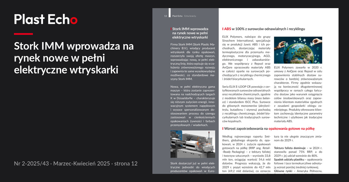 Stork IMM wprowadza na rynek nowe w pełni elektryczne wtryskarki | Plast Echo 2-2025/43, Marzec-Kwiecień 2025, s. 12