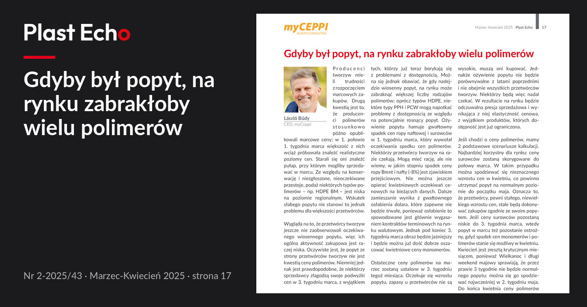 Gdyby był popyt, na rynku zabrakłoby wielu polimerów | Plast Echo 2-2025/43, Marzec-Kwiecień 2025, s. 17