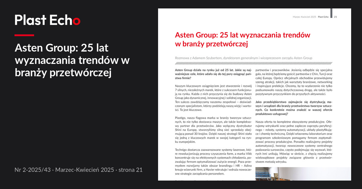 Asten Group: 25 lat wyznaczania trendów w branży przetwórczej | Plast Echo 2-2025/43, Marzec-Kwiecień 2025, s. 21