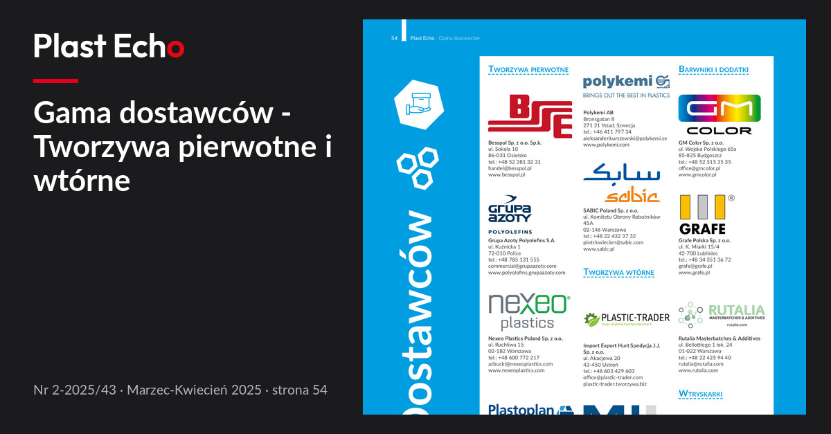 Gama dostawców - Tworzywa pierwotne i wtórne | Plast Echo 2-2025/43, Marzec-Kwiecień 2025, s. 54